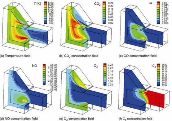 Figure 4. Results of numerical simulation of biomass combustion (combustion without re-circulation) 