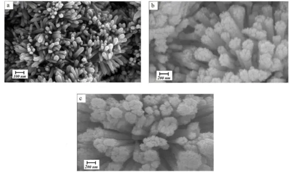 Fig. 2. FESEM images of ZnO structures grown on α-Al 2 O 3  coated substrates at different growth temperatures: a)  300; b) 400 and c) 500°C 