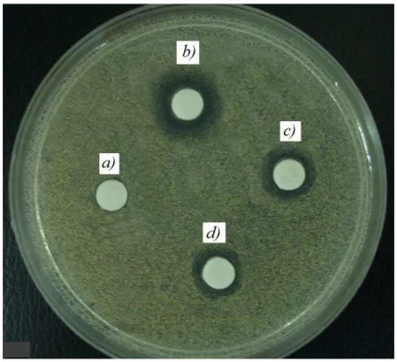 Fig. 6. Optical image of the grown cells around the plates including the antifungal nanostructures: a) blank control  and plate treated by the grown nanostructure at b) 300; c) 400 and d) 500°C 