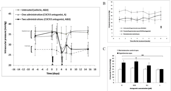 Figure 5. Ophthalmic administration of CXCR3 antagonist restores trabecular filtrating function and protects trabecular cells from apoptosis in a rat model of ocular hypertension