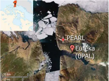 Fig. 1. Satellite composite image of Eureka on Ellesmere Island (in- (in-sert: highlighted in red, black diamond is Eureka), Nunavut, Canada in the early summer