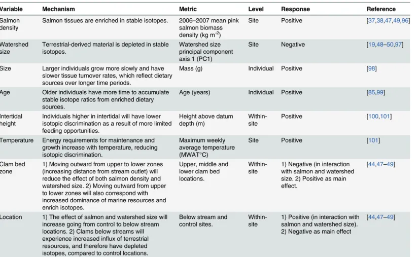 Table 1. Hypotheses for soft-shell clam stable isotope ratios ( δ 15 N and δ 13 C).