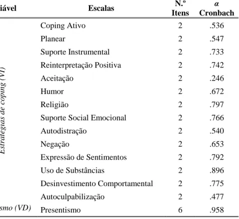 Tabela 1 -  α  de Cronbach para escalas aplicadas