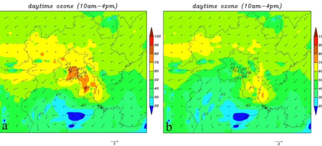 Fig. 2. Simulated daytime ozone concentrations (ppbv) in the third domain obtained from (a) free run and (b) EXP1 with ozone initial conditions optimized
