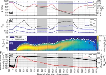 Figure 2. Example of a regrowth experiment conducted in the AIDA cloud chamber at an initial temperature of − 50 ◦ C
