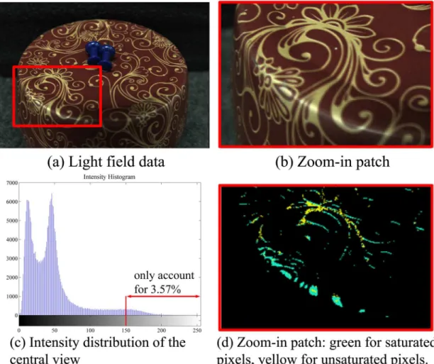 Fig 3. Specularity detection. (a) displays a LF image with the specular area (red patch) zoomed in (b)