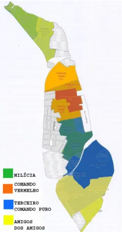 Figura 11: Mapa geral da Maré. Fonte: CEASM  Figura  10:   Disposição   dos   grupos  armados na Maré em Julho de 2009