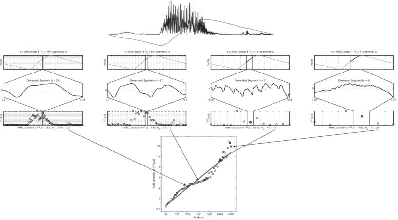 Figure 8 Steps in detrended fluctuation analysis. The profile of stimulus 1 is divided into nonoverlapping segments v of size s; the signal is detrended and the mean RMS deviation of the RMS variation in each segment is calculated; this is repeated for dif