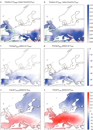 Fig. 1. T mean as well as T max variability forced by P JFM . (a) Percentage of T mean variance forced by P JFM (sig = 0.10 in the red rectangle)
