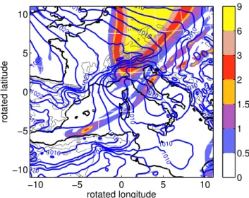 Fig. 5. The potential vorticity distribution on the 320 K isentropic surface is shown in colors (in pvu) and the sea-level pressure field in blue contours (every 2 hPa) at 18:00 UTC, 26 July 1987 based on the COSMO14 simulation.