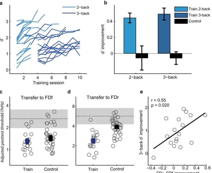 Fig 4. WM training and transfer to FD. (a) Multiple-session training on the Tone n-back task (N = 17), with n first fixed at 2 (light blue lines) and then 3 (dark blue lines)