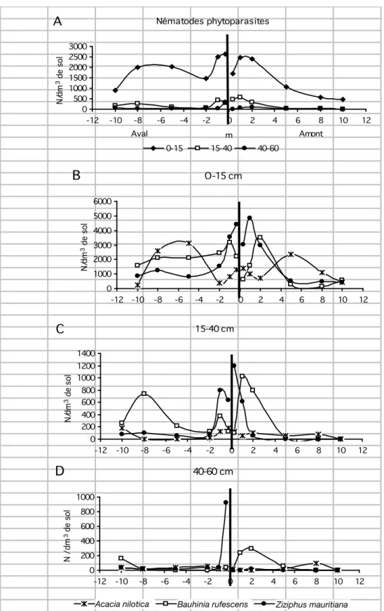 Figure 1:  Evolution des densités d’infestation en nématodes phytoparasites (N/dm 3 ) le long des transects, en fonction de la profondeur (cm),  pour l’ensemble des haies (A) et pour chaque type de haie (B à D).