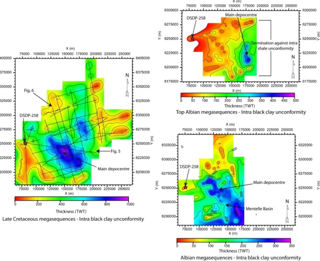 Fig. 9. Isochron maps for the Cretaceous black clay megasequences. Representative thickness changes highlighted within each isochron are interpreted to reflect changes in thermal contraction (flexure), subsidence and accommodation space.