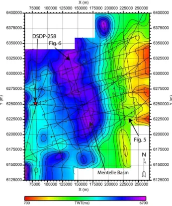 Fig. 10. TWT map of the intra black clay unconformity (within the Base Albian megasequence) upon which younger Cretaceous megasequences onlap.