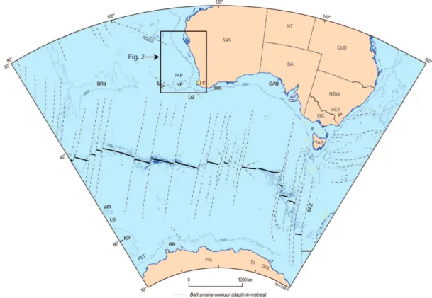 Fig. 1. Regional structural elements map of the Western Australian margin displaying the location of structural features that have led to the development of the Mentelle Basin