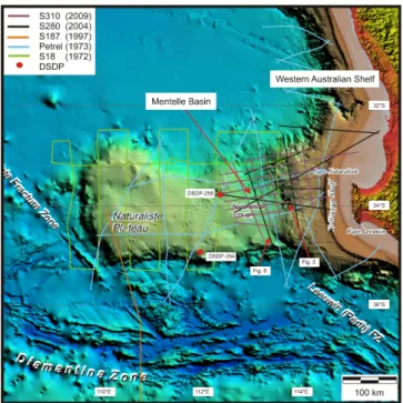 Fig. 3. Bathymetric map of the Mentelle Basin situated off- off-shore Cape Leeuwin. The positions of the 2-D seismic surveys together with borehole locations are shown (modified from  Bor-rissova, 2002).