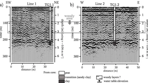 Figure 2. GPR common-o ﬀ set profile using a Mala GPR system with 100 MHz antennae along Line 1 (a) and Line 2 (b)