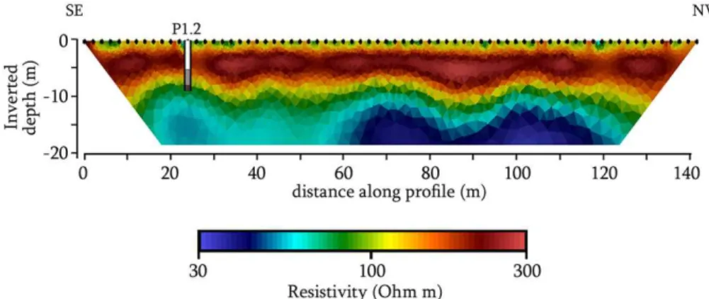 Figure 7. Inverted image of resistivity survey at Site P1 using a four electrode Wenner type array with 2 m electrode spacing