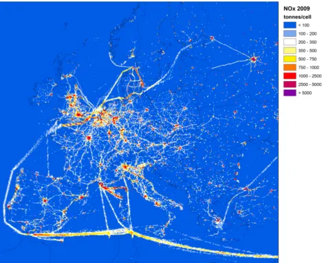 Figure 8. Spatially distributed NO x emissions from the year 2009 for all sources.