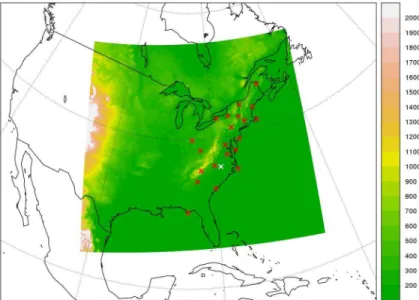 Fig. 1. COSMO iso model domain and orography (colours, in metres a.s.l.). Red crosses show the locations of measurement stations where δ 18 O in precipitation was analysed by GL90