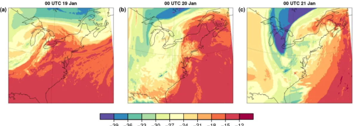 Fig. 8. δ 18 O in water vapour (in ‰) on model level 11, approximately 1 km above the surface, at (a) 00:00 UTC 19 January, (b) 00:00 UTC 20 January and (c) 00:00 UTC 21 January from the COSMO iso reference simulation