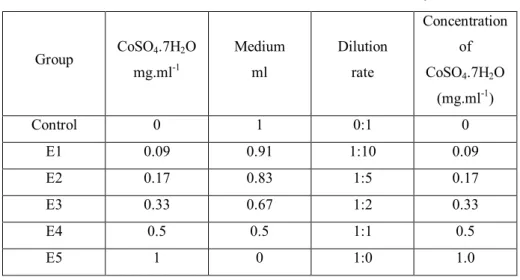 Table 1 Cobalt concentrations used in the study  Group  CoSO 4 .7H 2 O   mg.ml -1 Medium ml  Dilution rate  Concentration of CoSO 4 .7H 2 O  (mg.ml -1 )  Control  0  1  0:1  0  E1  0.09  0.91  1:10  0.09  E2  0.17  0.83  1:5  0.17  E3  0.33  0.67  1:2  0.3