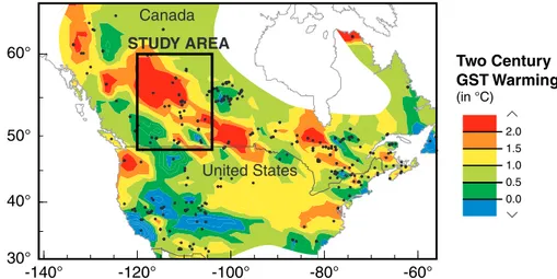 Fig. 1. The location of the study area (within Western Canadian Sedimentary basin in Alberta and Saskatchewan) is shown against the map of latest warming/cooling amplitude within the last 200 years from well temperature data location of which is shown by b