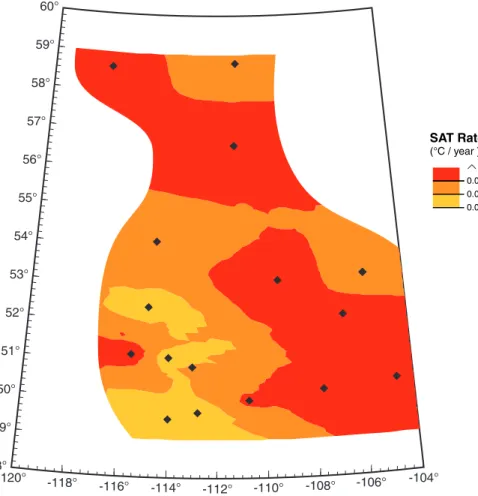 Fig. 5. Rate of temperature change for the 1920–1990 A.D. calculated from 22 SAT stations (Ban ff , Calgary, Campsite, Fort Chipewyan, Fort Mc Murray, Gleichen, High Level, Lethbridge, Medicine Hat, Pincher Creek, R