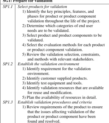 Table 1 The specific goals, specific practices and sub-practices  of CMMI validation process [2] 