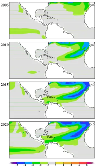 Fig. 8. The evolution of the annual mean SST difference [K] be- be-tween the hosing ensemble and the standard ensemble.