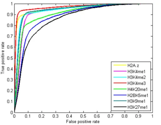 Figure 1. ROC curves for predicting the binding regions of Sp1using the MNN feature. ROC curves for 21 LRCs trained on individual histone modifications for prediction of Sp1 binding regions, using the MNN feature