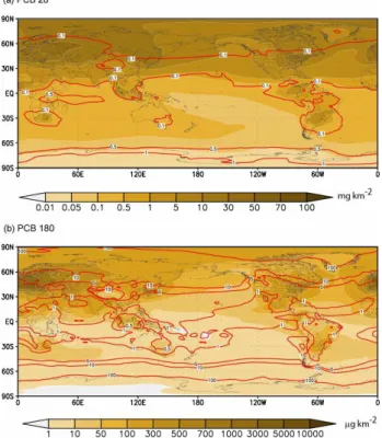 Fig. 6. Column loadings of the total atmospheric PCB28 and PCB180 (filled contours) and ratios of particulate to gaseous PCB28 and PCB180 (contour lines) in the atmosphere for spring of 2000.