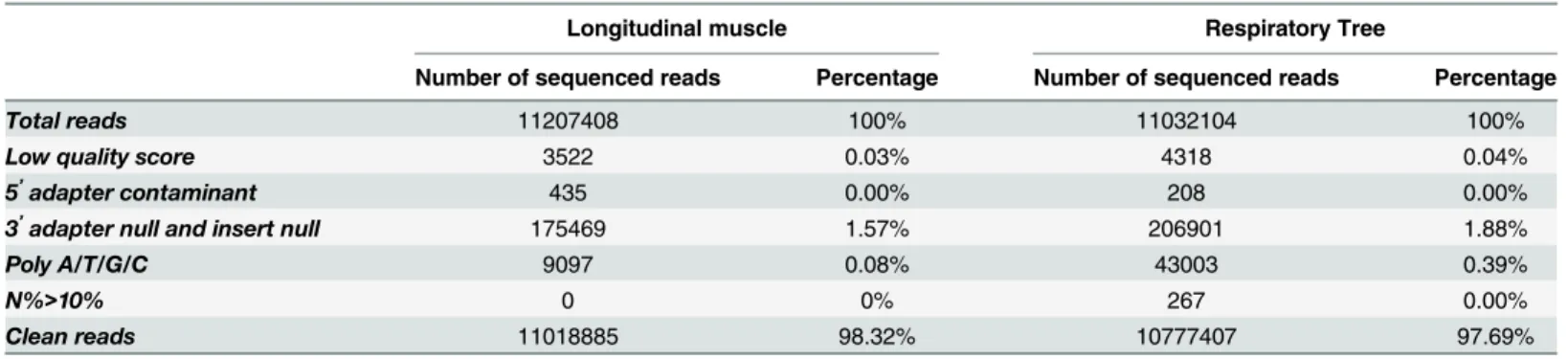 Table 1. Summary of the small RNA transcriptome sequencing of the A. japonicus longitudinal muscle and respiratory tree.