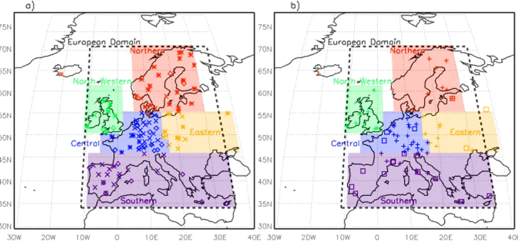 Figure 1. Location of measurements used in this study for (a) sulfate aerosol mass (∗), total aerosol mass ( ♦ ) and sites that have measured both (×), (b) AOD (  ) and surface solar  radia-tion (+)