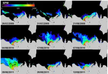 Fig. 7. Maps of SPM concentrations retrieved from selected MODIS-Aqua satellite data recorded in 2009 (top), 2010 (middle) and 2011 (bottom).