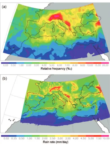 Fig. 9. (a) NOAA-17 rain occurrence (in ‰ at a 1 ◦ × 1 ◦ grid) and (b) MORCE rain rate (in mm day −1 ) for the period 2003–2008.