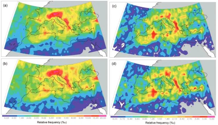 Fig. 2. Spatial distribution of relative frequency (in parts per thousand) of rain (a–b) and deep convection (c–d) at a 1 ◦ × 1 ◦ grid for the period 2007–2009 from NOAA-17 (a–c) and Metop-2 (b–d).