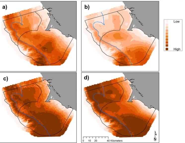 Fig 3. Predicted krill biomass (g m -2 ), 2004 – 2013: variations in modeled habitat use for May (a, predictions averaged over n = 8 years), June (b, n = 7), July (c, n = 7), and September (d, n = 8); each gradation represents a decile, monthly mean values