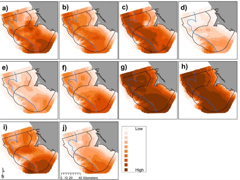 Fig 4. Predicted krill biomass (g m -2 ), 2004 – 2013 (a-j, sequentially): variations in annual modeled habitat use (predictions averaged over n = 3 months except 2010, n = 4, and 2013, n = 2); each gradation represents a decile, annual mean values with al