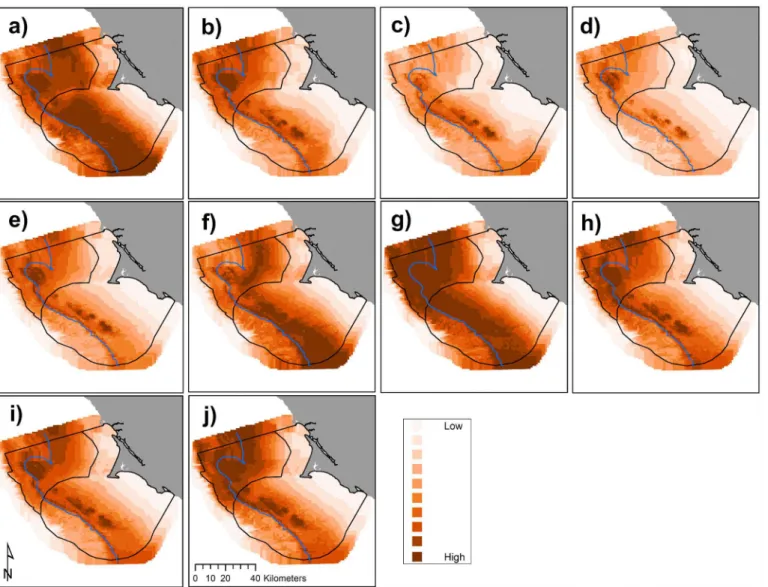Fig 8. Predicted Cassin ’ s auklet abundance (birds km -2 ) by year, 2004 – 2013 (a-j, sequentially): variations in annual modeled habitat use; each gradation represents a decile, annual mean values with all months pooled per year