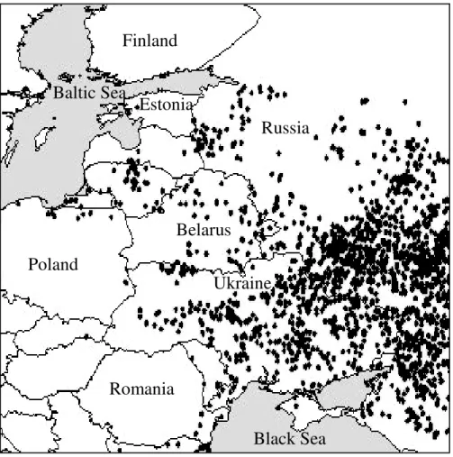 Fig. 4. MODIS fire detections in Eastern Europe during EPI-1 (10–15 August 2002).