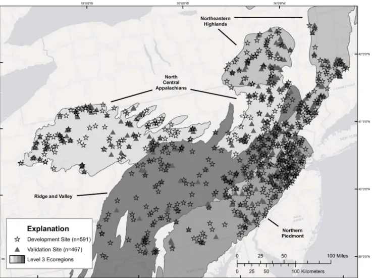 Figure 1. Map showing the stream sites used for model development (stars) and model validation (triangles)