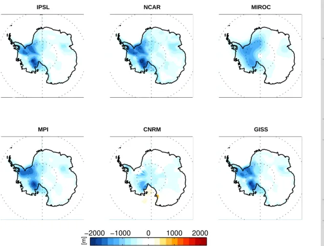 Fig. 1. LGM ice-sheets for the six models included in the present analysis: altitude PI–LGM di ff erence