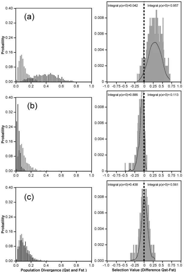 Figure 4. Comparison between F ST (histogram in gray) and Q ST (histogram in black) distributions for growth rate ( D h , (a)), cavitation resistance ( P 50 , (b)) and carbon isotope composition ( d 13 C, (c)) in the left panel