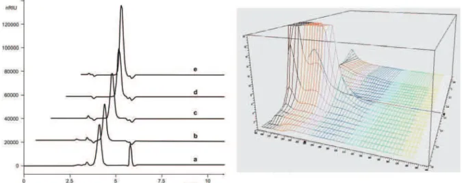 Figure 1. GFC chromatograms of dextran standards, M w : 41200 (a), 24500 (b), 9860 (c), 4940 (d) and 2980 g ⋅ mol -1  (e), with  properly 3D diagram of UV spectrum