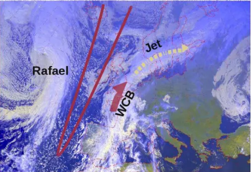 Figure 1. Real-world context for the T-NAWDEX-Falcon case used for the examples: visible Meteosat satellite image of Europe and the North Atlantic of 19 October 2012, 12:00 UTC (Meteosat operated by EUMETSAT, image processing by DLR-IPA)