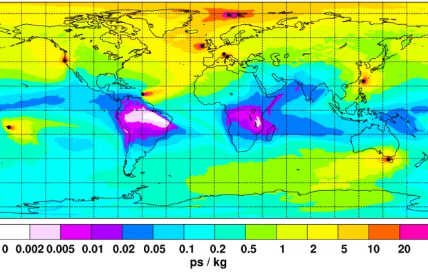 Fig. 1. Footprint emission sensitivity (i.e., SRR) obtained from FLEXPART 20 d backward cal- cal-culations for the entire network of stations and averaged over the period January 2005 til March 2007