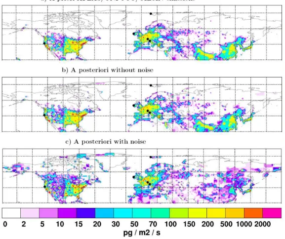 Fig. 3. Distribution of HFC-134a emissions taken from the a priori inventory based on AFEAS, UNFCCC and CIESIN data (a), reconstructed by inversion using the a priori model results as pseudo measurements (b), and reconstructed by inversion using the a prio