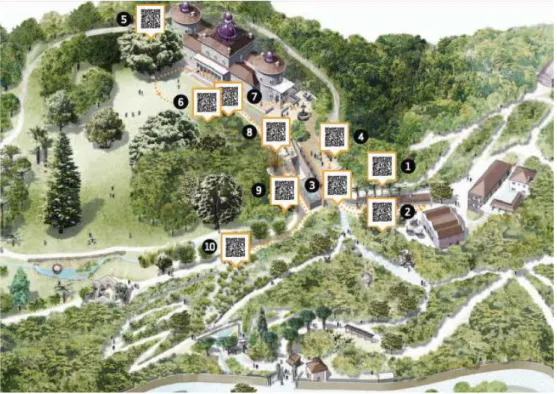 Figura 4.6 – Mapa do percurso botânico interactivo com a localização dos Códigos QR  Fonte: Oliveira, Nuno e Elsa Fernandes (2011), “Talking Trees – Interactive Nature”, p.14 