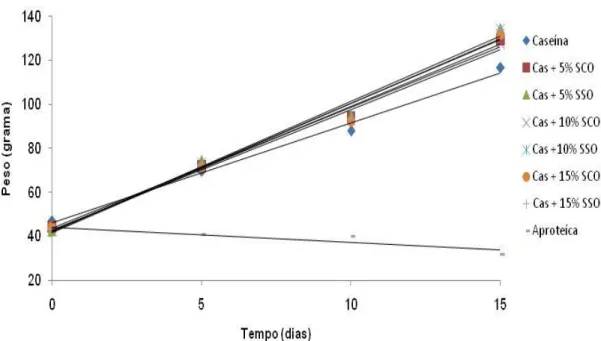 Figura 2.  Ganho de peso médio em gramas dos ratos Wistar, e o tempo de experimento em   dias, nos vários tratamentos para diversas dietas balanceadas de caseína, Caseína + 5% SCO,  Caseína + 5% SSO, Caseína + 10% SCO, Caseína + 10% SCO, Caseína + 10% SSO,